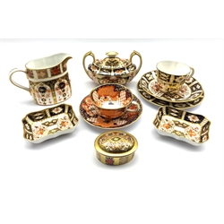 Royal Crown Derby porcelain comprising an Imari trio, twin-handled sucrier & cover, pair of rectangular dishes no. 2451, cup & saucer, pattern no. 4312, Old Imari jug & tinket box  both no. 1128 
