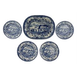 Early 19th century blue and white transfer printed oval platter and set of four plates decorated in the Gardener pattern, platter L37.5cm, plate D22cm (5)