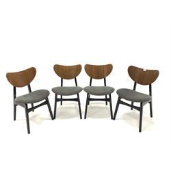G-Plan - 'Librenza' drop leaf dining table, with gateleg action and ebonised supports, (106cm x 134cm, H72cm) together with a Set of four 'Librenza' butterfly dining chairs, with upholstered seats and raised on ebonised supports, W47cm
