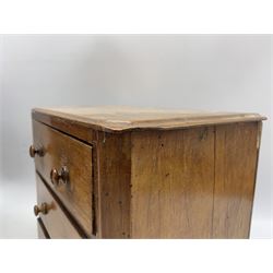 19th century Georgian design mahogany miniature bow fronted chest of  four long graduated drawers on splay feet W28cm and a Victorian mahogany three drawer miniature chest, probably adapted from a dressing table upper section (2)