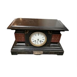 French - Late 19th century Belgium slate 8-day mantle clock, with a flat top and break front case, contrasting red marble panels incised with gilt decoration, on a rectangular plinth with a silver presentation plaque, Enamel dial with roman numerals, minute track and steel moon hands, cast brass bezel with bevelled glass, striking movement striking the hours and half hours on a bell. No pendulum.