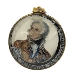 19th century miniature oil portrait on ivory of Nelson after Daniel Orme in a gilt metal frame the glass with a painted border D5cm. This item has been registered for sale under Section 10 of the APHA Ivory Act