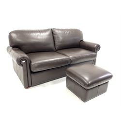 Modern leather upholstered three seat sofa with pull out bed, raised on compressed bun supports, W200cm, H78cm, D95cm