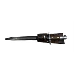 Swiss bayonet marked to the ricasso 'Waffenfabrik Neuhausen' blade length 30cm in steel scabbard with leather frog inscribed 'J Tanner, St. Margrethen, 1947