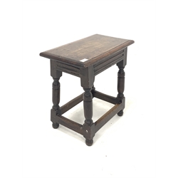 18th century joined oak stool, rectangular moulded top over carved frieze, turned and block supports 