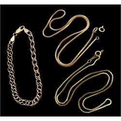 Two gold necklaces and a gold link bracelet, all hallmarked 9ct, approx 9.15gm