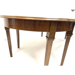 19th century and later mahogany dining table, two D-shaped ends with moulded demi-lune tops and satinwood banded friezes, square tapering supports, and two additional leaves, table - 234cm x 120cm, H73cm (fully extended), D-ends - W120cm, H73cm, D64cm
