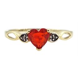 9ct gold heart shaped fire opal and two stone diamond chip ring, stamped 375
