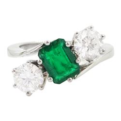 18ct white gold three stone octagonal cut emerald and round cut diamond crossover ring, stamped 750, emerald approx 0.95 carat, total diamond weight approx 1.35 carat