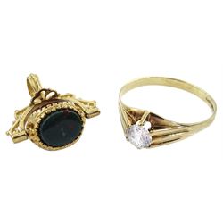 Gold bloodstone, carnelian and black onyx hardstone swivel pendant/fob and a gold single stone cubic zirconia ring, both hallmarked 9ct