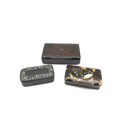 19th century rectangular papier-mache snuff box, the cover with pique work decoration, tortoiseshell snuff box with mother-of-pearl and silver inlay and one other (3)