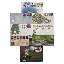 Eight The Royal Mint one pound coin covers, including 1999 'A Parliament For Scotland', 2000 'The National Botanic Garden of Wales', 2004 'A Fine Day Out On The Firth Of Forth' etc