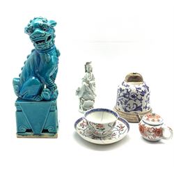 19th century Chinese blanc de chine figure H14cm, tea bowl and saucer, 20th century dog of Fo etc