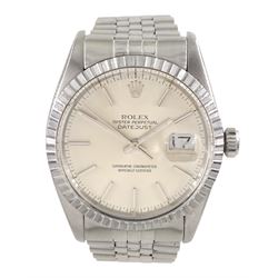 Rolex Oyster Perpetual Datejust gentleman's automatic wristwatch, circa 1983, Ref. 16030, serial No. 7515270, silvered dial and index hour markers, on stainless steel Jubilee bracelet, with fold-over clasp, boxed with papers