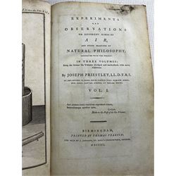 Joseph Priestley - Experiments and Observations on Different Kinds of Air and other Branches of Natural Philosophy, three volumes published for J Johnson in three volumes, volume one with folding frontispiece 1790 in half calf (3)