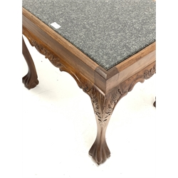  Georgian design walnut occasional table, inset granite top over leaf carved cabriole supports with ball and claw feet (65cm x 51cm, H52cm) and a hardwood nest of three tables