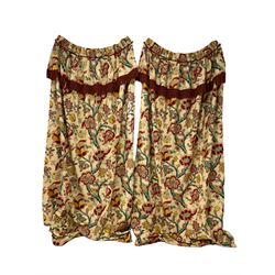 Large pair of country house curtains, golden ground with interlaced floral design and lined with blackout fabric, each measuring 100cm wide (top) 255cm high