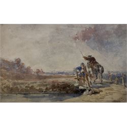 David Cox (British 1783-1859): 'Horseman at a Gate with a Distant View of Harlech Castle', watercolour indistinctly signed, labelled verso c.1850, 15cm x 23cm 