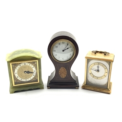  20th century Elliot mechanical mantel clock in onyx case with silvered dial (W14cm) together with an Edwardian mechanical mantel clock in balloon shaped mahogany case with inlaid oval paterae (W14cm) and a brass mantel clock (W11cm)  