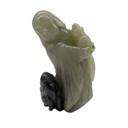 18th century Chinese carved jade standing figure holding a square section vase and with a ram at his feet H7cm 