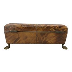 Regency Blonde Tortoiseshell banded sewing box circa 1820, of sarcophagus form, the lid with central raised rectangular panel and vacant silver plaque, raised on four brass paw feet, lacking interior, L26.5cm, H12cm, D20cm