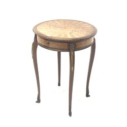 Early 20th century French kingwood and walnut occasional table, the circular top with herringbone inlay radiating from the centre, over single frieze drawer, raised on cabriole supports with sabot feet, with gilt metal mounts D55cm H76cm