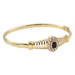 9ct gold sapphire and cubic zirconia hinged bangle, stamped 375
