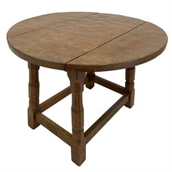 'Oakleafman' oak occasional table, adzed drop leaf top with sliding stays, splayed octagonal supports joined by stretchers, the front stretcher carved with leaf signature, by David Langstaff of Easingwold