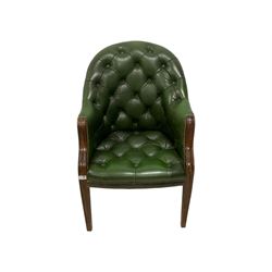 Late 20th century Georgian design mahogany framed elbow office chair, upholstered in green buttoned leather, raised on square tapered supports