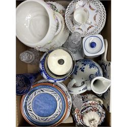 Delft blue and white jug, decorative plates, glass etc
