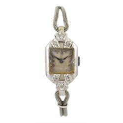Mid 20th century 9ct white gold diamond ladies 17 jewel manual wind wristwatch, London 1951, on white gold bracelet by Cornelius Desormeaux Saunders & James Francis Hollings stamped 9ct 