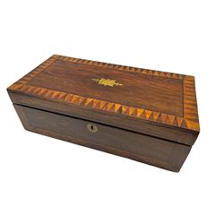 Victorian rosewood writing box with geometric inlaid border, brass escutcheon and cartouche and blue velvet writing surface, L50cm, H17cm, D25cm 