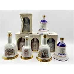 Four Wade Bell's whisky royal commemorative decanters, 50cl, all boxed and with contents and five empty Wade decanters