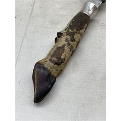 Taxidermy-Victorian deer foot paper knife by Rowland Ward Piccadilly with silver mounts dated 1885 and horn blade painted with birds and flowers L29cm 