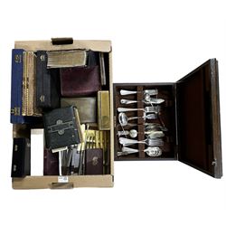 Various cutlery sets, Victorian photograph album, loose cutlery, photoframe etc in one box