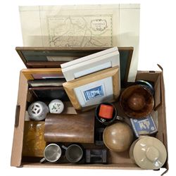 Mahogany tea caddy, stoneware hot water bottle, treen etc. together with prints and maps in one box; Stephen Weld (British 20th century): River Landscape, watercolour signed together with four prints 