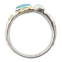 Silver and 14ct gold wire turquoise and opal ring, stamped 925