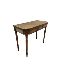 19th century mahogany fold over tea table, the fold over top with reeded edge over frieze decorated with lozenges, raised on reeded and turned supports W92cm, H75cm, D45cm