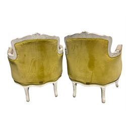 G&G - Pair of French style tub chairs, the show frame painted white with beige and yellow upholstery 