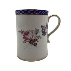 18th century Derby mug painted with sprays of flowers within a blue and gilt border and with loop handle H12.5cm, painted mark circa 1775