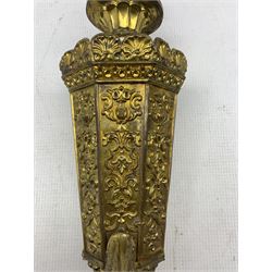 Victorian embossed gilt-brass Colza wall light, octagonal formed body with topped with finial, single scrolled arm culminating in light fitting, H31cm Sold at Sotheby's 1995 for £1380 
