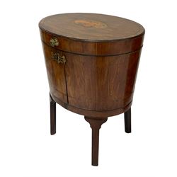 George III mahogany wine cooler or cellarette, oval form, moulded hinged lid with crossbanding and central oval shell inlay, lead lined interior with divisions, the main body decorated with boxwood stringing, on splayed square chamfered supports