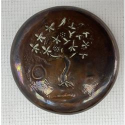 Keswick School of Industrial Arts small copper circular pin dish decorated with the emblems of St. Kentigern D10cm 