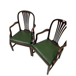 Pair early 20th century Georgian style mahogany elbow chairs, pierced splat back over open arms, faux leather upholstered drop in seat pads, raised on square tapered and chamfered supports 