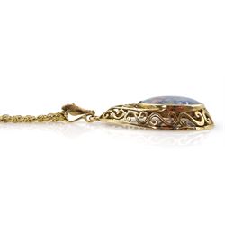 9ct gold opal triplet openwork pendant, Birmingham 1973, on 9ct gold rope link necklace, hallmarked