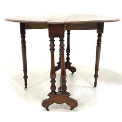 Victorian walnut drop leaf table, the oval top raised on turned supports united by turned stretcher W91cm, H72cm