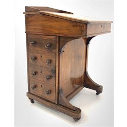Victorian walnut davenport, galleried top section over writing slope with inset with leather writing surface lifting to reveal interior fitted with drawers, over a bank of five drawers and a cupboard enclosing two shelves, with boxwood string inlay all over, raised on castors W53cm