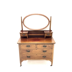 Edwardian inlaid mahogany dressing chest, raised oval mirror back, two short and two long drawers