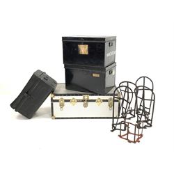 Three assorted metal trunks, together with five saddle and tack room racks
