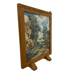 Rabbitman - Yorkshire oak fire screen, with needlework panel depicting a rural scene with sheepdog herding sheep, carved with rabbit signature, by Peter Heap of Wetwang